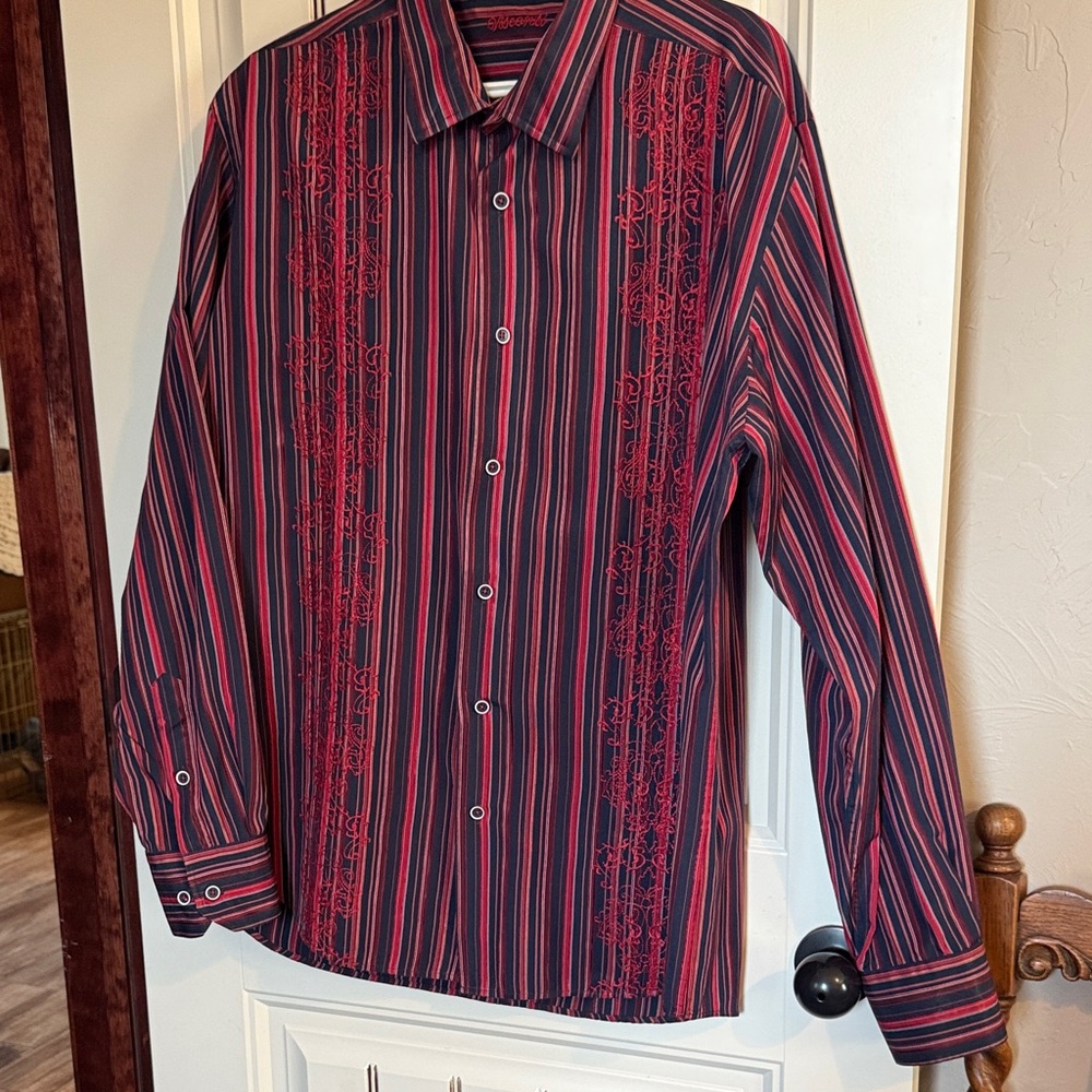 Viscontt Men's Striped Red and Black Shirt with Red Embroidery in the front.